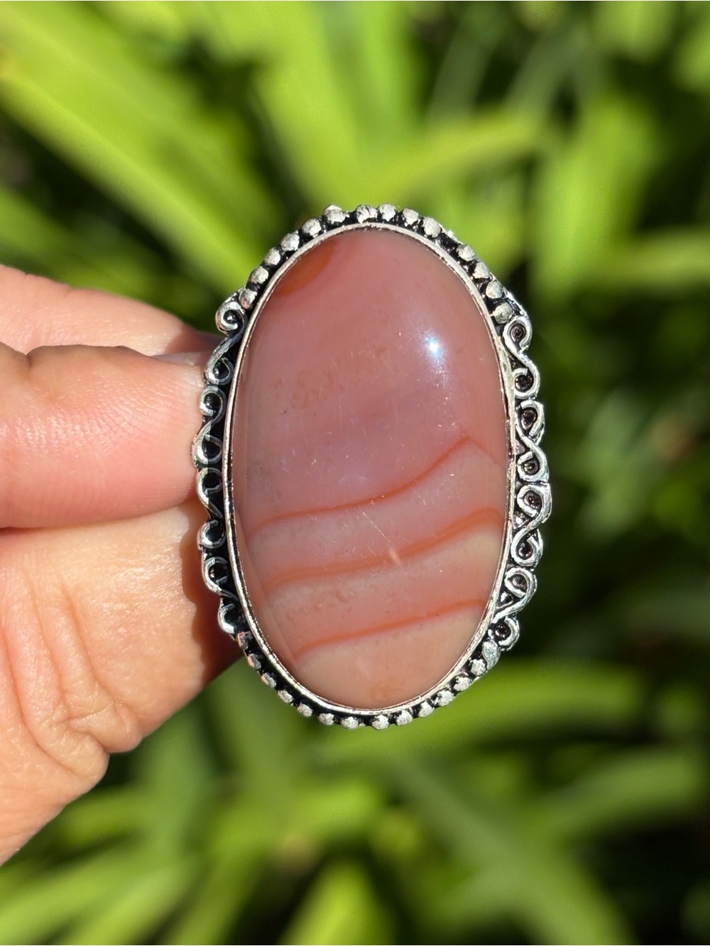 SIZE 9 Oval Pink Agate Stone Statement Statement Ring Silver Tone